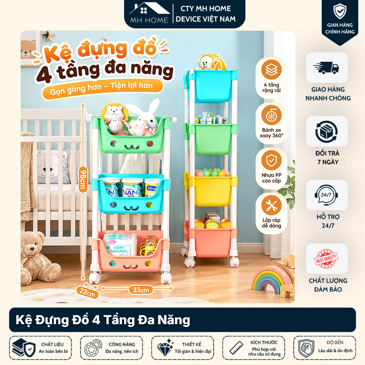 Kệ Gấu Đựng Đồ Đa Năng 4 Tầng Có Bánh Xe Thông Minh - Kệ Để Đồ Chơi Cho Bé Bỉm Sữa Nhà Bếp Tiện Lợi MH